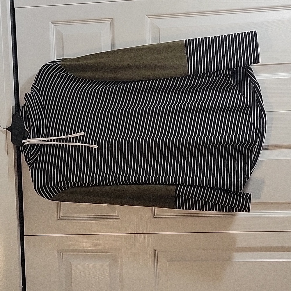 Size large, Women's casual hoodie. Stripe with blocked olive arms
